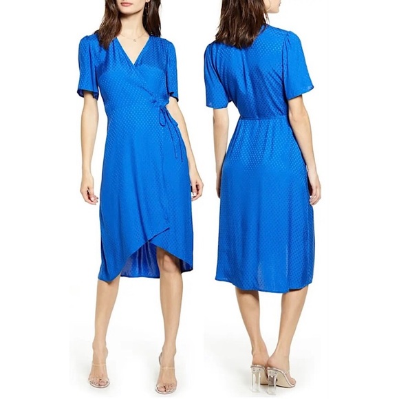 Leith nordstrom satin dot wrap midi dress high low royal cobalt sapphire blue xs - Picture 3 of 3